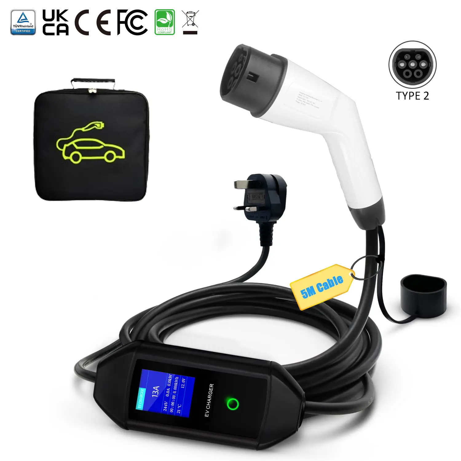16A/3.5KW Portable EV Charger with UK Plug and Black Head